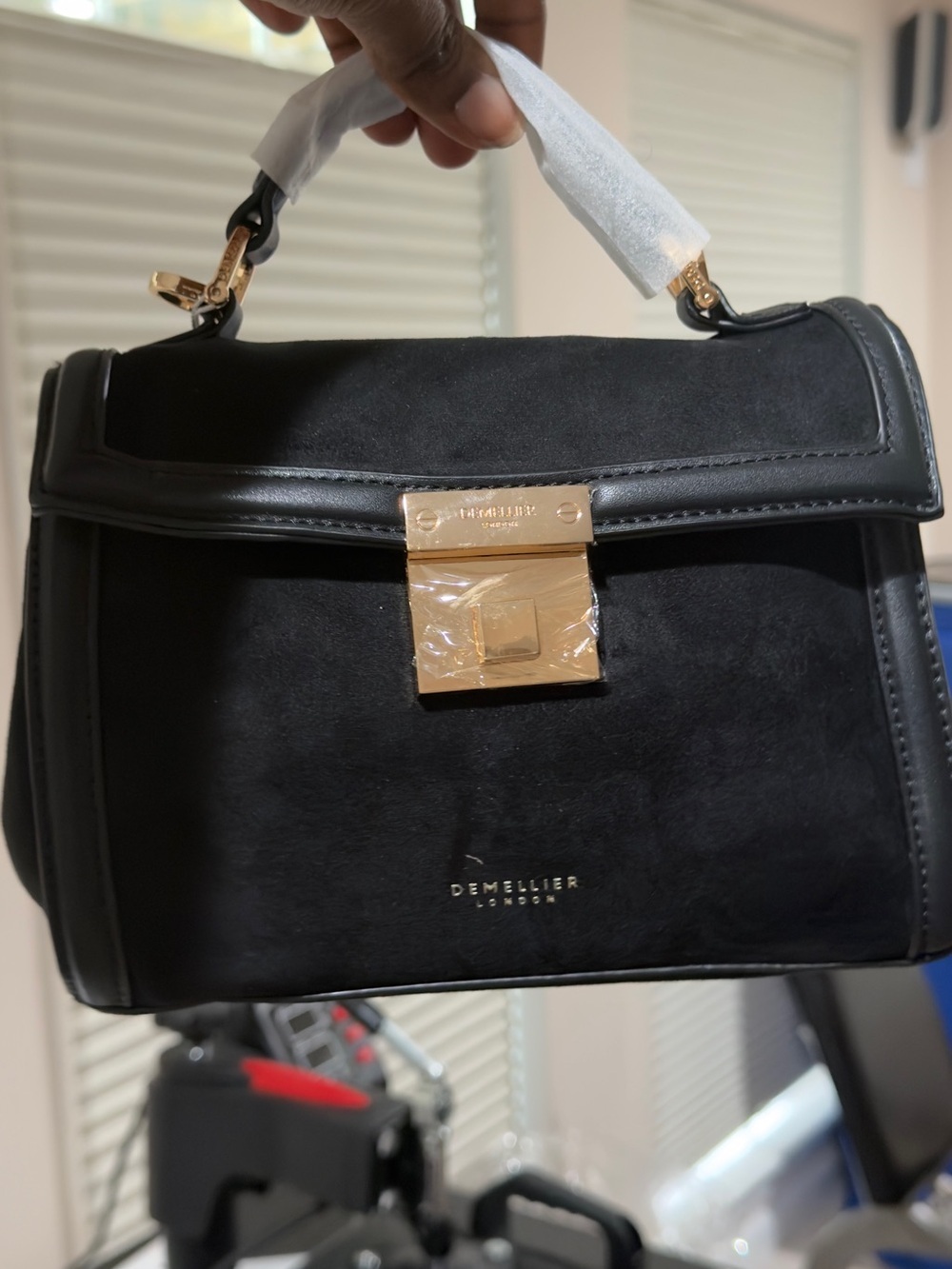 DeMellier Black Suede and Leather Top-Handle Satchel with Gold Hardware